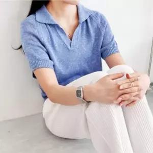여성 여름 데일리 캐주얼 오픈 카라 반팔 니트
