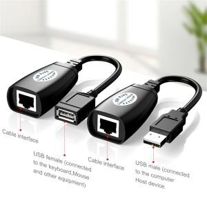 확장 어댑터 1쌍 USB to RJ45 LAN 케이블 연장기 Cat5 패치 코드 블랙 네트워킹 액세서리