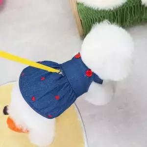 애견 레드 하트 자수 포인트 데님 스커트 강아지옷 강아지코트