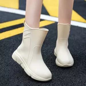 WL 여성 레인 부츠 미들 굽 장화 장마철 신발 ivory 230