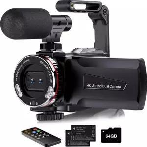 Dumjug 4K 비디오 카메라 캠코더 유튜브용 64MP UHD 브이로그 듀얼 외부 마이크 포함 21배 디지털 줌 IPS