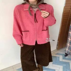 세군다 여성 니트 네오프렌 잠바 점퍼 더블 칼라 블레이저 집업 코트 야구 DOS1