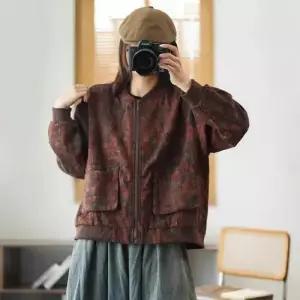 여자 앤티크 점퍼 집업 코트 야구 차이나 나사산 프린트 DUCHI1