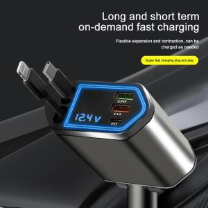 호환리트랙터블 차량용 충전기, 4 in 1 고속 충전 120W, 케이블 및 2개의 USB 포트 어댑터 호환