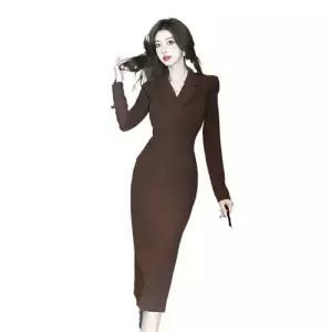 여자 치마 원피스 봄 럭셔리 셔링 원턱 라이트 H라인스커트 브이넥 ible1