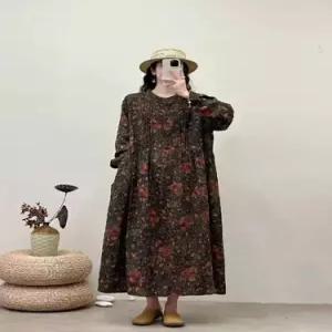 마킷5 원피스 여사친 플로럴 면사 긴팔 계 라운드 롱스커트 JEN1