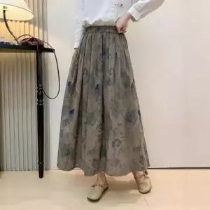 여성 치마 면 롱 봄 빈티지 마 프린트 밴딩 A라인 DUCHI1
