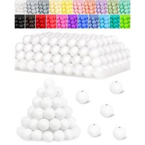 120PCS 파이비제로 실리콘 비드, 열쇠고리 제작용 15mm 흰색 원형 고무 비드 벌크, 팔찌 목걸이 DIY 공예품(화이트)