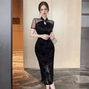 블랙 로즈 플로럴 패턴 차이나넥 시스루 치파오 원피