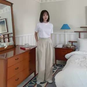 여성 넓은 포인트 면원단 허리밴드 팬츠 바지