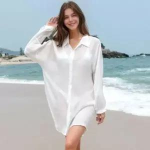 여름셔츠 여성 커버업 비치웨어 롱셔츠 셔츠 시스루 긴팔 여름