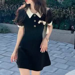 카라미니원피스 여름미니원피스 1P 브로치 A라인 원피스 리본 여성 블랙 미니 여름
