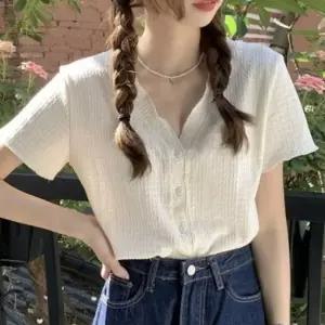 ( )여성블라우스 기본데일리룩 원픽 브이넥 여름 블라우스 상의 소재 반팔블라우스 여름블라우스 반팔 여성