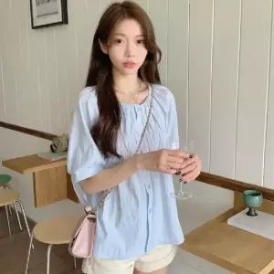 여성 반팔 셔링 노카라 블라우스 여름 플레어 셔츠 0421