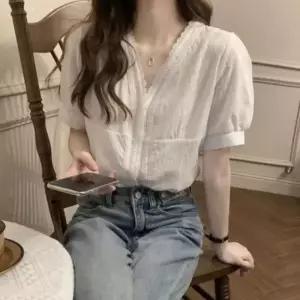 (색상 화이트)여성블라우스 여름 데일리 브이넥 레이스 여성 화이트 면 시원한 여자블라우스 상의 블라우스
