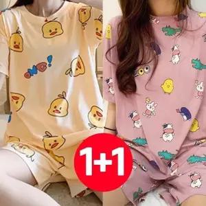 (색상1 러블리덕+인디핑크)여성 반팔 반바지 여름 잠옷 오리 인디 핑크 세트 2개