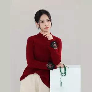 포뇨 여성용 니트 면 가을 스판 솔리드 풀오버 자수 폴라 티셔츠 OPH3