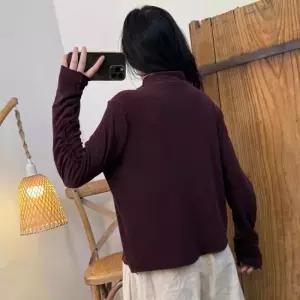 포뇨 니트 면 여자 가을 소프트 스판 언밸런스 솔리드 티 빈지 반폴라 긴팔 OPH3