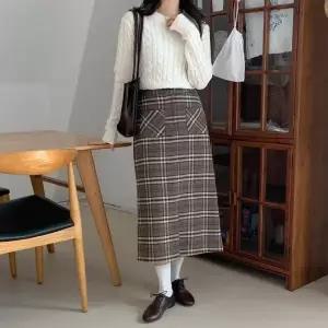 [옷자락]여성 체크 롱 스커트 투포켓 앞트임 모직 치마 골덴