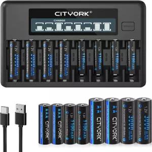 충전기 포함 CITYORK 충전식 배터리 AA 3000mAh 8팩 AAA Ni-MH 베이 LCD 스마트 1.2v NiMH/NiCd