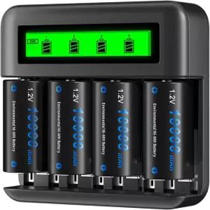충전기 포함 CITYORK 4팩 10000mAh 충전식 D 배터리 1.2v AA AAA C Ni-MH/Ni-CD 베이 LCD 범용 8개 USB