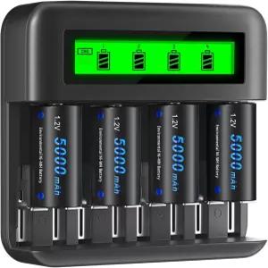 CITYORK 4팩 충전식 C 배터리 5000mAh 충전기(1.2V Ni-MH AA AAA D 8 슬롯 LCD 스마트 셀 포함) USB 케이블