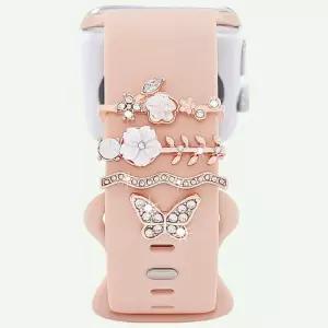 4pcs 나비 꽃 시계 밴드 반지 루프 손톱 스터드 Iwatch 대 한 귀여운 라인 석 스트랩 매력 장식