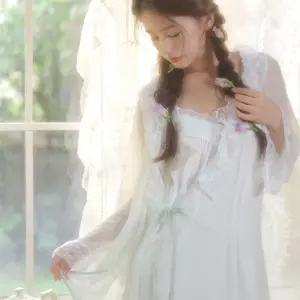 픽호샵 스커트 롱 망사 투피스 가운 커플 슬립 잠옷세트 레이스 순면 브이넥 홈웨어 긴팔 꾹1