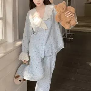 스파이더맨 꽃무늬 긴팔 플라워 인형칼라 세트 레이스 커플 상큼한 잠옷세트 홈웨어 봄가을 잠옷 체크 OPH1