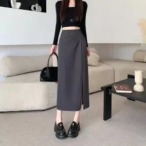 EAMT 스커트 여성 검정 롱 가을 정장 A라인 힙업 트임 영상 배 몸매 EUNG3