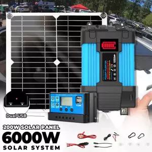 6000W 오프그리드 태양광 키트 110V/220V 인버터 컨트롤러 차량용 보조 배터리 시스템 200W 5V 패널 캠핑용