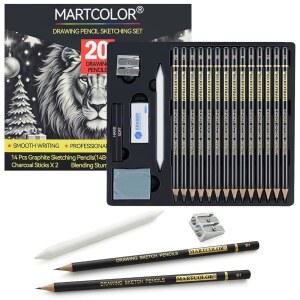 MARTCOLOR 드로잉 스케치 연필 세트, 20피스, 흑연 연필(14B-4H), 숯 스틱, 그루터기, 지우개, 샤프너, 아트, 스케치에 이상적임, 초보자 및 프로 아티스트를 위한