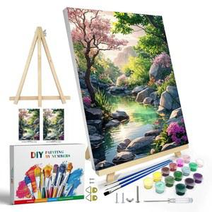 프레임이 있는 숫자별 페인트 키트, 숫자 캔버스가 풍경 페인트, 이젤이 산 가정용 벽 장식용 DIY 꽃 유화 키트 8 x 12 인치