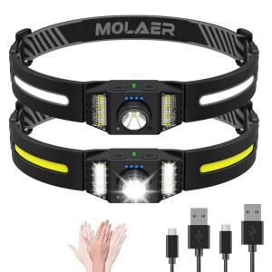 MOLAER LED 헤드램프 충전식 2PCS, 화이트 레드 라이트, 경량, 내후성, 야외 캠핑용 9가지 모드 모션 센서 포함 와이드 빔 브라이트 헤드라이트 손전등