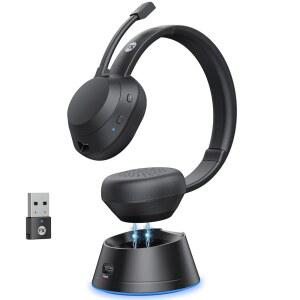 FXWONTY 무선 헤드셋 마이크가 블루투스 헤드폰 AI 노이즈 캔슬링 USB 동글 시 65시간 근무 재택근무 컴퓨터