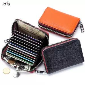정품 가죽 남성 여성 카드 홀더 작은 지퍼 지갑 솔리드 동전 아코디언 디자인 rfid ID 비즈니스 신용 가방