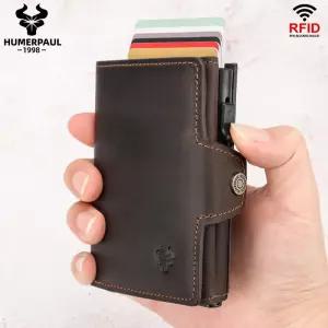 HUMERPAUL 남성용 카드 소지자 머니 포켓 포함 Crazy Horse Leather Pop Up 미니멀리스트 지갑 RFID 차단
