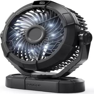 LED 랜턴이 장착된 가이아탑 휴대용 캠핑 팬 파워 디스플레이 360 헤드 회전 텐트용 걸이 3단 조용한