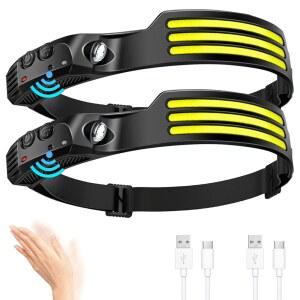 DAWINSIE LED 헤드램프 충전식(2개 PC), 모션 센서가 장착된 230 와이드 빔 헤드램프, 하이킹, 달리기, 수리, 낚시 사이클링을 위한 방수 헤드라이트 손전등(블랙 4)