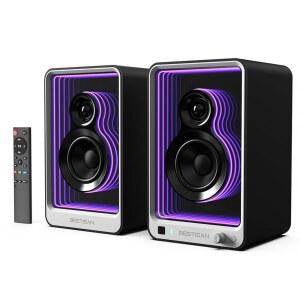 BESTISAN 50W*2 액티브 책장 스피커 다이내믹 라이트 이펙트 3인치 베이스 컴퓨터 ARC/광학/RCA/BT 5.2/USB/SUB 출력으로 턴테이블 PC TV 및 휴대폰 사용 가능.
