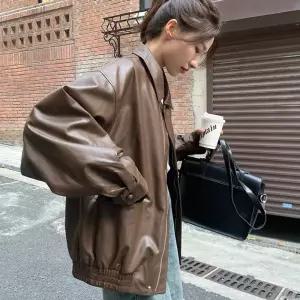EAMT 여항풍 인조 코트 루즈핏 재킷 자켓 가죽 라이더 여친 브라운 빈티지 가을 EUNG3
