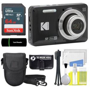 코닥 픽스프로 FZ55 블랙 16MP 디지털 카메라 5X 광학 줌 28mm 광각 1080P 풀 HD 비디오 2.7인치 LCD 64GB 카드 및 리더 케이스 메모리 지갑 삼각대 청소 번들