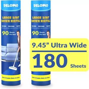 보푸라기 롤러 리필 2팩 180매 DELOMO 9.45인치 대형 호환 카펫 자동차 침대 소파 및 반려동물 털 청소용