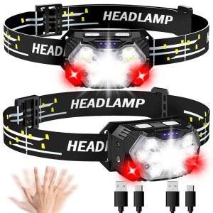 Lsnisni 9 LED 충전식 헤드램프 2팩, 2000 루멘 슈퍼 브라이트 10 모드 모션 센서 헤드램프, 화이트 레드 라이트, 방수 헤드라이트 손전등, 캠핑 하이킹 낚시용 USB C 케이블 포함