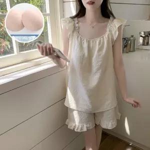 수피 면 여름 커플 잠옷세트 공주풍 잠옷 솔리드 작은 소매 반바지 끈 패드 JEN2