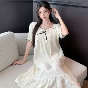 수피 면 하계 솔리드 편안하고 잠옷세트 프린세스룩 구름 롱스커트 반팔 커플 잠옷 상큼한 JEN2
