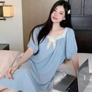 수피 여름 캐주얼 편안한 롱스커트 커플 얇은 솔리드 구름면 레이스 잠옷세트 반팔 잠옷 JEN2