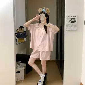 수피 여름 반팔 커플 반바지 체크 세트 패드 잠옷세트 궁중 전원 잠옷 브라 실내복 JEN2