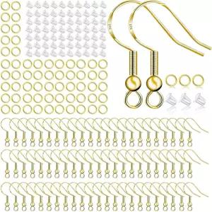 저자극성 이어링 후크 500 PCS/75 쌍 제작 키트 이어 와이어 점프 링이 있는 피시 및 클리어 실리콘 백
