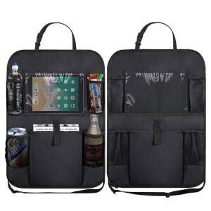 GAOLAOSY 2PCS 자동차 뒷좌석 정리함, 방수 옥스포드 패브릭 오토 보호대 킥 매트, 투명 10인치 태블릿 홀더 및 5개의 수납 포켓, 범용 차량 여행 액세서리